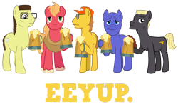 Size: 3000x1800 | Tagged: safe, artist:tnt-illustrations, big macintosh, earth pony, pony, bill dauterive, boomhauer, cider, dale gribble, glasses, hank hill, king of the hill, male, ponified, stallion