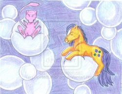 Size: 600x463 | Tagged: safe, artist:spiritedlittlepony, bubbles (g1), g1, bubble, crossover, mew, pokémon, watermark