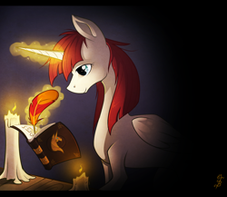 Size: 2300x2000 | Tagged: safe, artist:thenecrobalam, derpibooru import, oc, oc only, oc:fausticorn, book, candle, high res, lauren faust, quill, solo