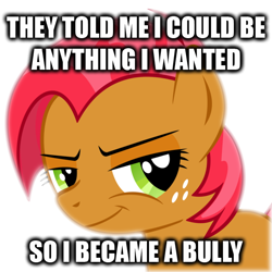 Size: 570x570 | Tagged: safe, babs seed, earth pony, pony, one bad apple, female, filly, image macro, they told me