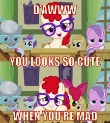 Size: 417x466 | Tagged: safe, derpibooru import, apple bloom, diamond tiara, noi, silver spoon, twist, angry, caption, classroom, filly, glasses, image macro, meme, ponyville schoolhouse, reaction image