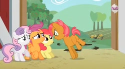 Size: 638x354 | Tagged: safe, derpibooru import, screencap, apple bloom, babs seed, scootaloo, sweetie belle, one bad apple