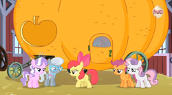 Size: 636x350 | Tagged: safe, derpibooru import, screencap, apple bloom, diamond tiara, scootaloo, silver spoon, sweetie belle, one bad apple, cutie mark crusaders, pumpkin