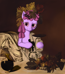 Size: 2000x2258 | Tagged: safe, artist:drakmire, berry punch, berryshine, bacchus, caravaggio, clothes, dionysus, drunk, fine art parody, fruit, grapes, parody, toga, wine