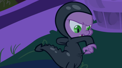 Size: 1280x720 | Tagged: safe, derpibooru import, screencap, spike, dragon, it's about time, catsuit