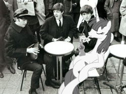 Size: 400x298 | Tagged: safe, derpibooru import, oc, oc:fausticorn, human, george harrison, irl, irl human, john lennon, juice, lauren faust, paul mccartney, photo, sitting, the beatles