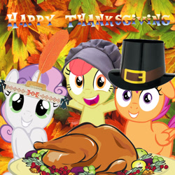 Size: 900x900 | Tagged: safe, artist:kuren247, derpibooru import, apple bloom, scootaloo, sweetie belle, cooked, cutie mark crusaders, dead, food, grin, looking at you, native american, open mouth, pilgrim outfit, ponies eating meat, smiling, sweetie squaw, thanksgiving, turkey