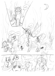 Size: 957x1316 | Tagged: safe, artist:fauxsnyder, derpibooru import, nightmare moon, oc, oc:mitta, oc:ruby, ghost, alex warlorn, comic, fanfic, fanfic art, monochrome, pony pov series, reharmonized ponies, story of the blanks