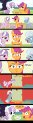 Size: 785x2932 | Tagged: safe, artist:despisedandbeloved, diamond tiara, scootaloo, silver spoon, sweetie belle, black dynamite, comic, defenestration, glasses