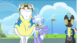 Size: 1421x797 | Tagged: safe, screencap, bulk biceps, cloudchaser, thunderlane, pegasus, pony, wonderbolts academy, cloudrage, frown, grin, ponies standing next to each other, roid rage, smiling, spread wings, wide eyes, wonderbolt trainee uniform