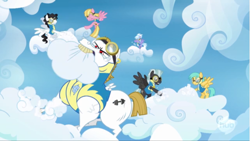 Size: 1417x797 | Tagged: safe, screencap, bulk biceps, cloudchaser, meadow flower, mercury, starry eyes (character), sunshower raindrops, thunderlane, pegasus, pony, wonderbolts academy, background pony, biting, cloud, cloud busting, cloudy, female, flying, goggles, male, mare, roid rage, stallion, wingpony badge, wonderbolt trainee uniform