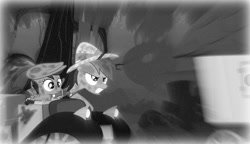 Size: 893x516 | Tagged: safe, artist:fedora, daring do, fanfic, grayscale, motion blur, scootaround, truck, zoom blur