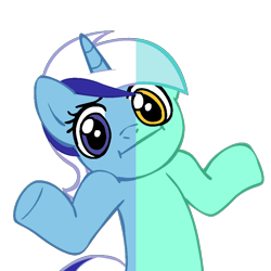 Size: 945x945 | Tagged: safe, derpibooru import, lyra heartstrings, minuette, :i, looking at you, reaction image, shrug, shrugpony, wat