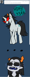 Size: 480x1196 | Tagged: dead source, safe, artist:askt3rezi, derpibooru import, pony, unicorn, anonymous, ask, blue background, broken horn, equius zahhak, female, homestuck, horn, l33tspeak, male, mare, ponified, simple background, speech bubble, sunglasses, sweat, terezi pyrope, tumblr