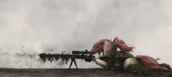 Size: 2000x892 | Tagged: safe, artist:ncmares, apple bloom, cyborg, earth pony, pony, fanfic:night mares, bipod, camouflage, clothes, fanfic, fanfic art, female, filly, foal, gun, hooves, lying down, optical sight, prone, rifle, shooting, sniper, sniper rifle, solo, weapon