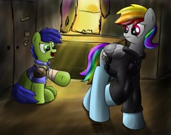 Size: 3000x2372 | Tagged: safe, artist:stanwuuz, derpibooru import, oc, oc only, oc:morning glory (project horizons), oc:scotch tape, fallout equestria, fallout equestria: project horizons, high res, not rainbow dash