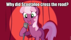 Size: 960x540 | Tagged: safe, derpibooru import, cheerilee, scootaloo, earth pony, pony, cheerilee pun, curtain, exploitable meme, female, green eyes, joke, mare, meme, microphone, obvious punchline, open mouth, pun, scootachicken, smiling, solo, spotlight, text, two toned mane, two toned tail