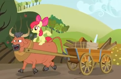 Size: 412x268 | Tagged: safe, screencap, apple bloom, bull, earth pony, pony, apple family reunion, cart, cloven hooves, duo, female, filly, ponies riding bulls, riding