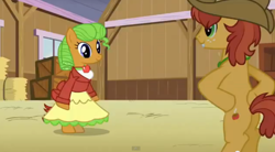 Size: 844x466 | Tagged: safe, screencap, half baked apple, pony, apple family member, bipedal, clothes, cute, dosie dough, dress, standing