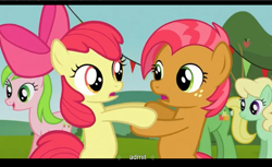 Size: 1680x1028 | Tagged: safe, screencap, apple bloom, apple honey, apple tarty, babs seed, red gala, wensley, pony, apple family reunion, bipedal, youtube caption