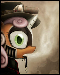 Size: 1024x1271 | Tagged: safe, artist:subjectnumber2394, sweetie belle, sweetie bot, pony, robot, robot pony, unicorn, bust, eyelashes, female, filly, foal, frown, hat, horn, looking at you, oil, open mouth, portrait, rabbit (steam powered giraffe), solo, steam, steam powered giraffe, steampunk