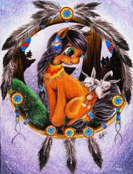 Size: 2456x3204 | Tagged: dead source, safe, artist:yaoi-theartofbeauty, oc, oc only, earth pony, pony, rabbit, dreamcatcher, indian, native american