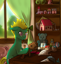 Size: 900x948 | Tagged: safe, artist:starshinebeast, derpibooru import, oc, oc only, backlighting, craft, glasses, interior, needle, paint, sewing, table, teddy bear, toy, verdana, window, working