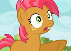 Size: 480x344 | Tagged: safe, screencap, babs seed, earth pony, apple family reunion, brown coat, female, filly, freckles, solo, two toned mane