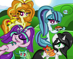 Size: 2656x2152 | Tagged: safe, artist:xxsactaviaxx, adagio dazzle, aria blaze, sonata dusk, oc, pikachu, charmander, crossover, pokémon, ponified, squirtle