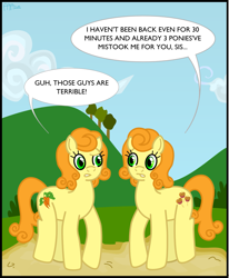 Size: 1483x1800 | Tagged: safe, artist:puu-aj-chan, carrot top, golden harvest, earth pony, pony, caramel apple, cloud, comparison, duo, female, mare, tree