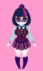 Size: 588x955 | Tagged: source needed, safe, artist:alpaca-pharaoh, sci-twi, twilight sparkle, equestria girls, big breasts, big eyes, breasts, busty sci-twi, clothes, crystal prep academy uniform, cute, female, glasses, hair bun, headlight sparkle, human coloration, pleated skirt, purple eyes, school uniform, shoes, shy, skirt, socks, solo