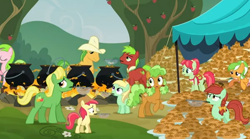 Size: 604x336 | Tagged: safe, screencap, apple brown betty, apple cinnamon, apple leaves, apple mint, bushel, candy apples, hoss, liberty belle, red gala, wensley, earth pony, pony, apple family reunion, apple dumpling, apple family member, apple fritter (food), background pony, cauldron, cooking, female, filly, foal, food, male, mare, stallion