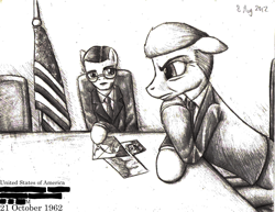 Size: 1600x1236 | Tagged: safe, artist:tsaritsaluna, derpibooru import, american presidents, clothes, flag, glasses, john f. kennedy, ponified, president, robert mcnamara, suit, traditional art