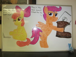 Size: 4000x3000 | Tagged: safe, derpibooru import, apple bloom, scootaloo, annoy your co-worker, cutie mark crusaders, photo, whiteboard