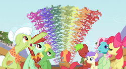 Size: 852x468 | Tagged: safe, artist:capnpea, edit, edited screencap, screencap, alula, apple bloom, apple cinnamon, big macintosh, candy apples, florina tart, granny smith, wensley, earth pony, fruit bat, pony, apple family reunion, g3, apple family member, fimbriae, male, stallion