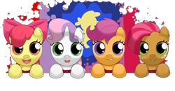 Size: 2000x1040 | Tagged: safe, artist:hoyeechun, apple bloom, babs seed, scootaloo, sweetie belle, earth pony, pegasus, pony, unicorn, cute, cutie mark crusaders, female, filly, hooves on the table, looking at you, open mouth