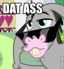 Size: 222x239 | Tagged: safe, screencap, cletus, hybrid, mule, one bad apple, bucktooth, caption, cropped, dat butt, image macro, male, meme, sunglasses