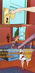 Size: 685x1413 | Tagged: safe, scootaloo, comic, cow and chicken, image macro, scootachicken