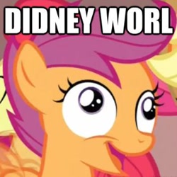 Size: 332x332 | Tagged: safe, scootaloo, pegasus, didney worl, female, filly, image macro, orange coat, purple mane, solo