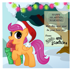 Size: 723x714 | Tagged: safe, artist:nauticaldog, scootaloo, christmas lights, hat, present, santa hat, snow, solo, tree