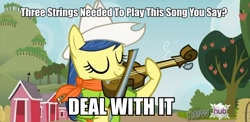 Size: 960x467 | Tagged: safe, edit, edited screencap, screencap, fiddlesticks, earth pony, pony, apple family reunion, apple family member, background pony, eyes closed, female, fiddle, hat, hub logo, image macro, mare, musical instrument, neckerchief, solo, text