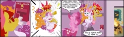 Size: 3715x1127 | Tagged: safe, artist:dunnstar, apple bloom, cheerilee, scootaloo, sweetie belle, comic, cutie mark crusaders, fire, fire alarm, net, perry bible fellowship