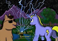 Size: 610x427 | Tagged: safe, cole macgrath, infamous, lightning, plot, ponified, zeke dunbar