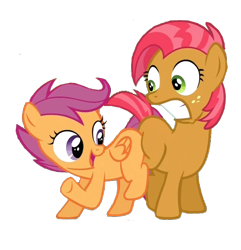 Size: 700x726 | Tagged: dead source, safe, artist:kuren247, babs seed, scootaloo, one bad apple, babscoot, butt bump, butt to butt, butt touch, grinding