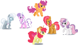 Size: 3367x1964 | Tagged: safe, artist:schnuffitrunks, apple bloom, babs seed, diamond tiara, scootaloo, silver spoon, sweetie belle, earth pony, pegasus, pony, unicorn, cutie mark crusaders, glasses, older, older apple bloom, older babs seed, older diamond tiara, older scootaloo, older silver spoon, older sweetie belle, wrong cutie mark