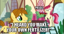 Size: 420x224 | Tagged: safe, roseluck, oc, oc:mandopony, fertilizer, funny, image macro, picture perfect pony, tactless mandopony