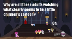 Size: 849x462 | Tagged: safe, edit, edited screencap, screencap, apple bloom, berry punch, berryshine, cherry berry, cloud kicker, doctor whooves, minuette, scootaloo, sweetie belle, twinkleshine, one bad apple, caption, cutie mark crusaders, image macro, imge macro, recursion