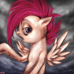 Size: 666x666 | Tagged: safe, artist:klalaskaxd, scootaloo, pegasus, pony, creepy, female, solo