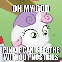 Size: 500x500 | Tagged: safe, edit, edited screencap, screencap, sweetie belle, pony, unicorn, magic duel, ponyville confidential, caption, croppe, female, filly, floppy ears, hoof on chin, horn, image macro, implied pinkie pie, meme, solo, sudden clarity sweetie belle, text, two toned mane, white coat, wide eyes