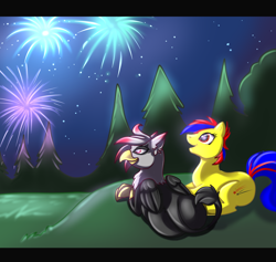 Size: 1600x1519 | Tagged: safe, artist:duskfall, oc, oc only, griffon, pony, aeri blacktalon, fireworks, pyro snap